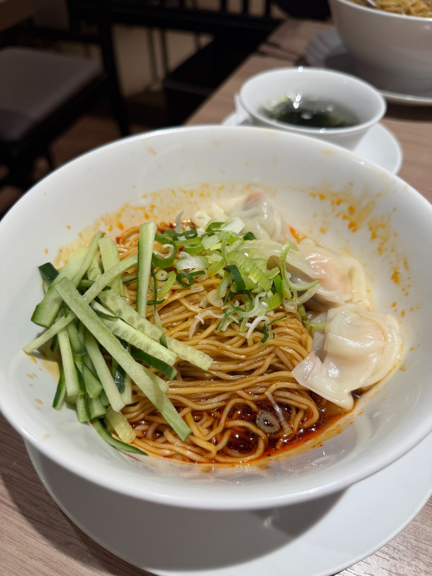 Spicy noodles with shrimp wonton. Yum!